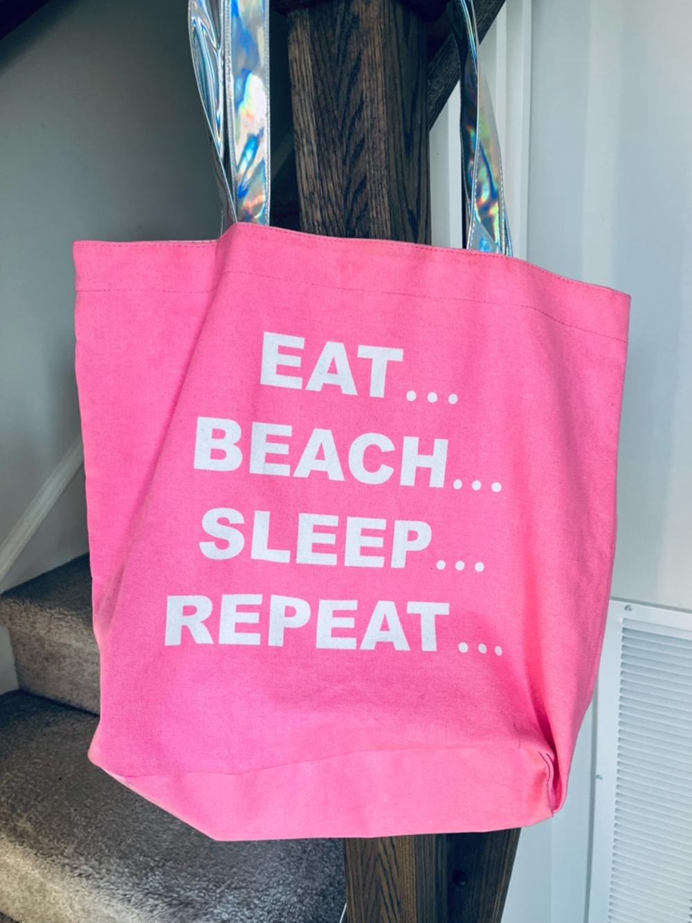 Pink Canvas Tote Bag with White Slogan